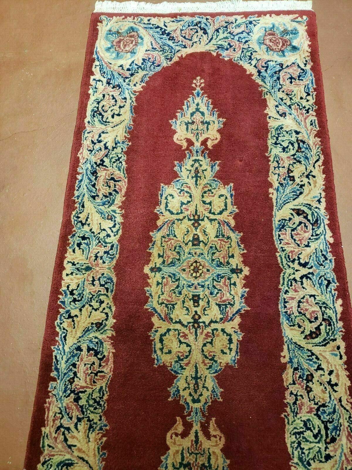USED Small Persian Kirman Rug 2x4, Wool Oriental Vintage Handmade Carpet, Hand Knotted Floral Medallion, Red & Beige, Semi Open Field