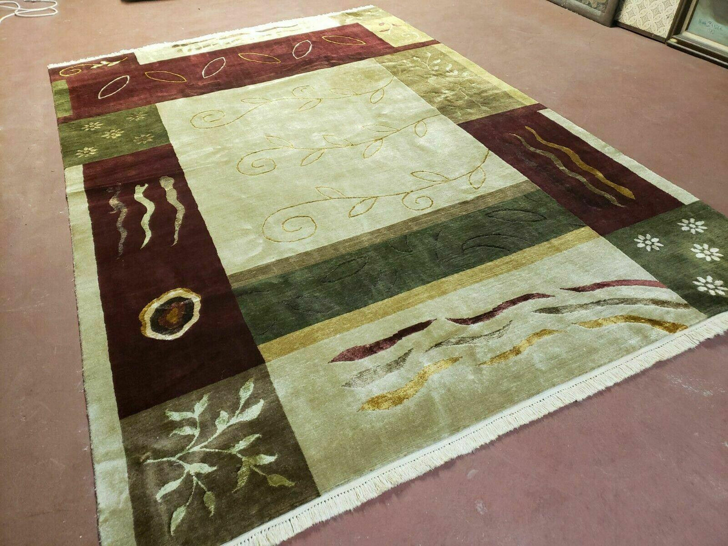 USED 6' X 9' Modern Handmade Tibetan Nepal Wool & Silk Rug Decorative Abstract Gold