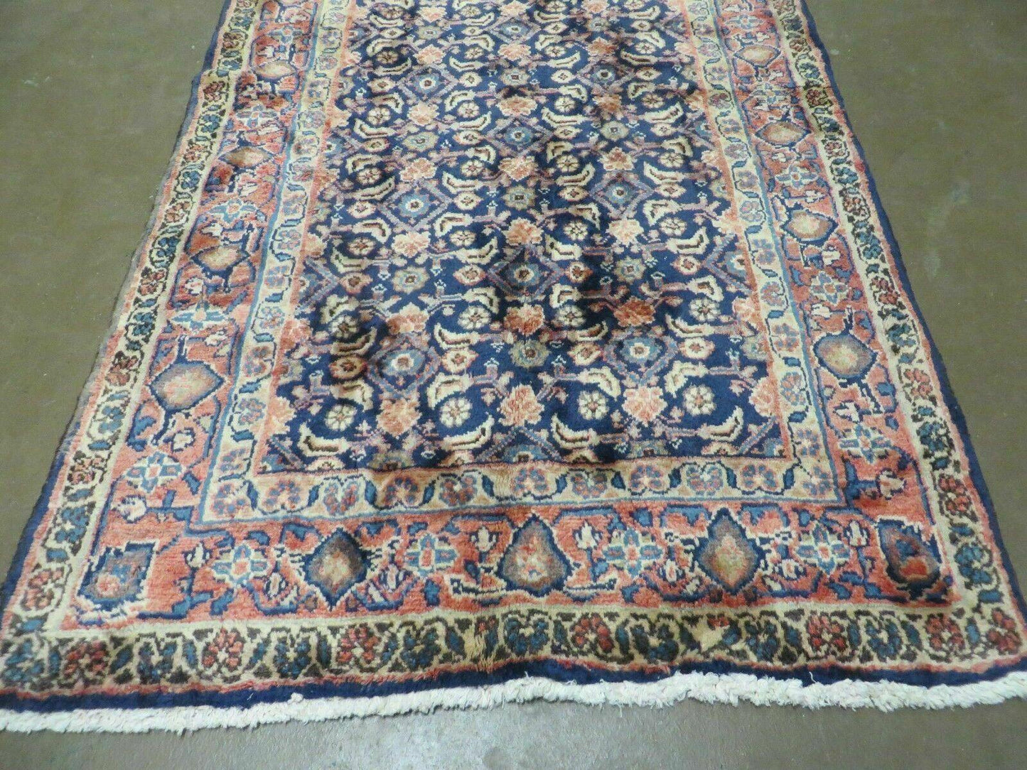 USED 3'7" X 10' Antique Handmade India Floral Oriental Wool Runner Rug Organic Blue