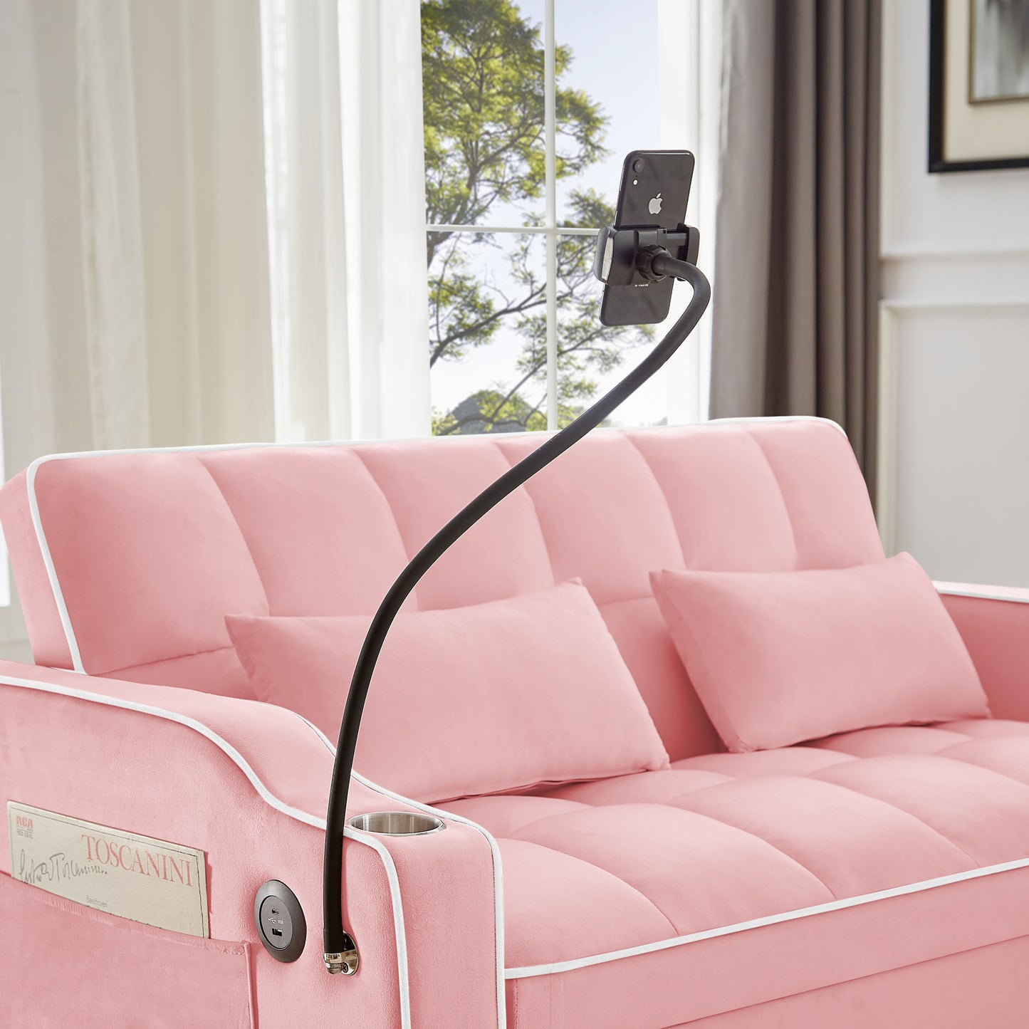 NEW 1 versatile foldable sofa bed in 3 lengths, modern sofa sofa sofa velvet pull-out bed, adjustable back and with USB port and ashtray and swivel phone stand (pink)