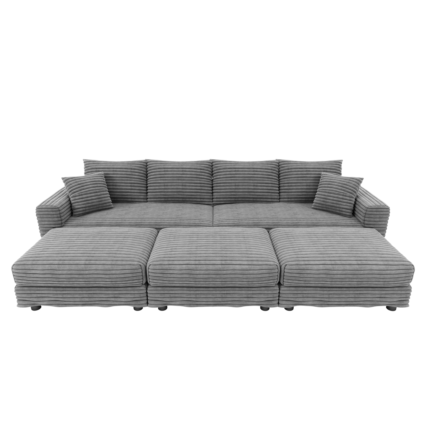 NEW 104.3' Plush Grey Corduroy Modern Comfy Upholstered 4-Seat Comfy Deep Seat Sofa Cloud Couch with Soft Pillows and 3 Ottomans Convertible Lounge Char