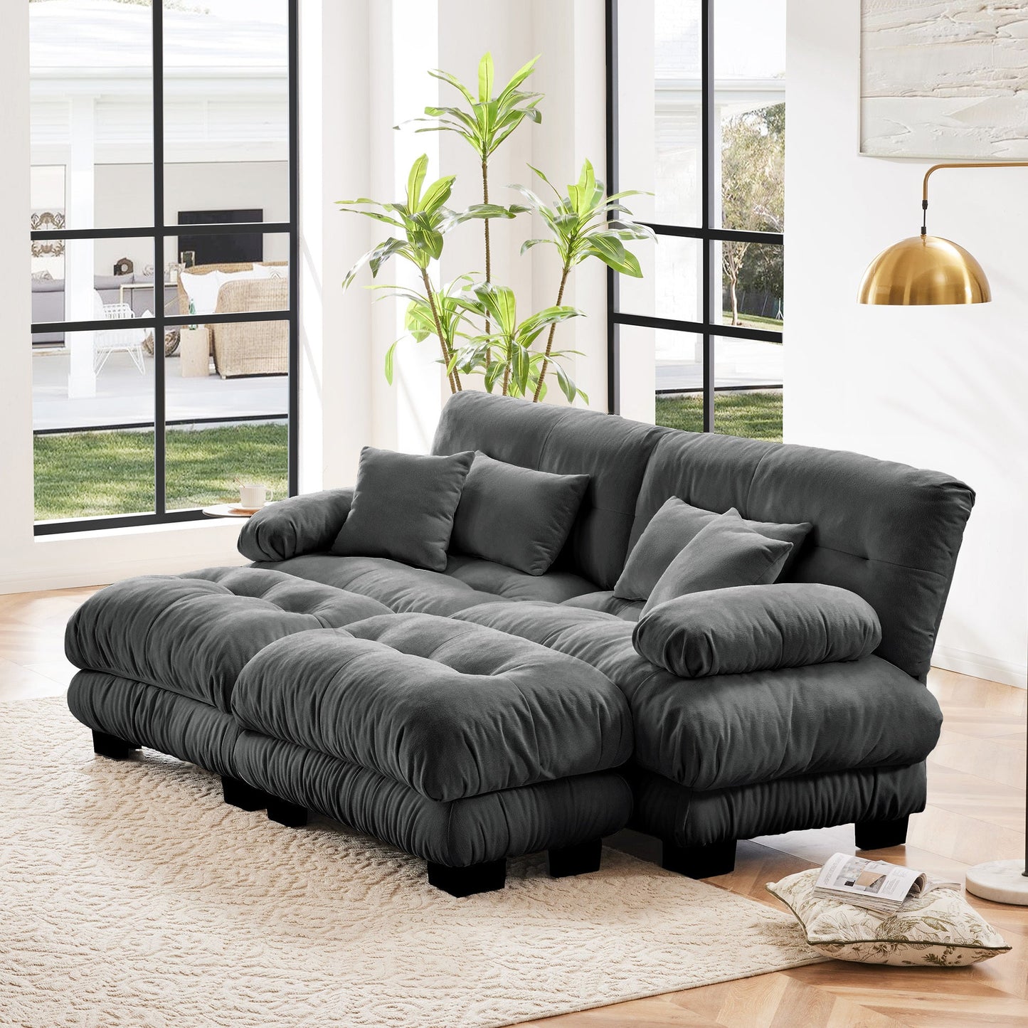 NEW Cloud Gray Chenille 2 Seater Loveseat Upholstered Wide Arm Couch Sleeper Sofa with 2 Lumbar Pillows and 2 Throw Pillows and 2 Ottomans