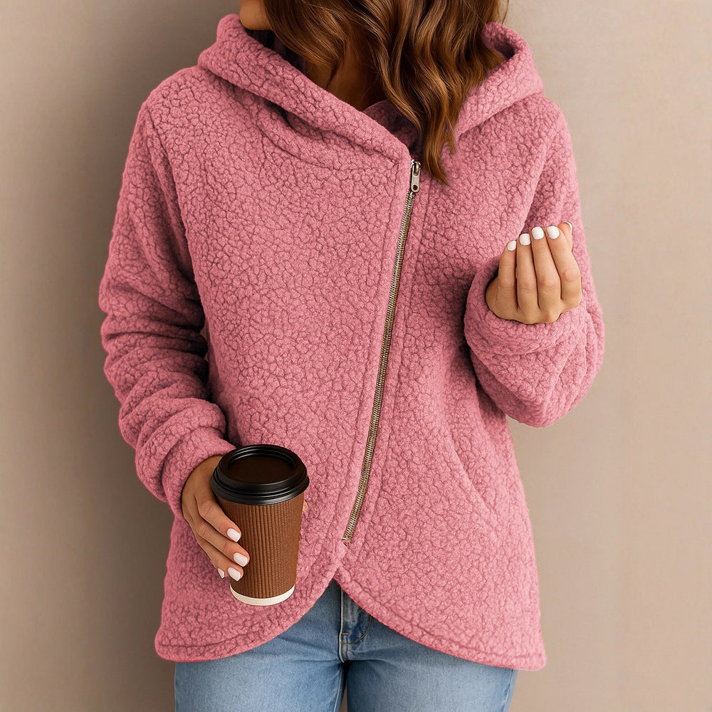 New Casual Loose Lambswool Long Sleeve Zipper Hoodie Coat