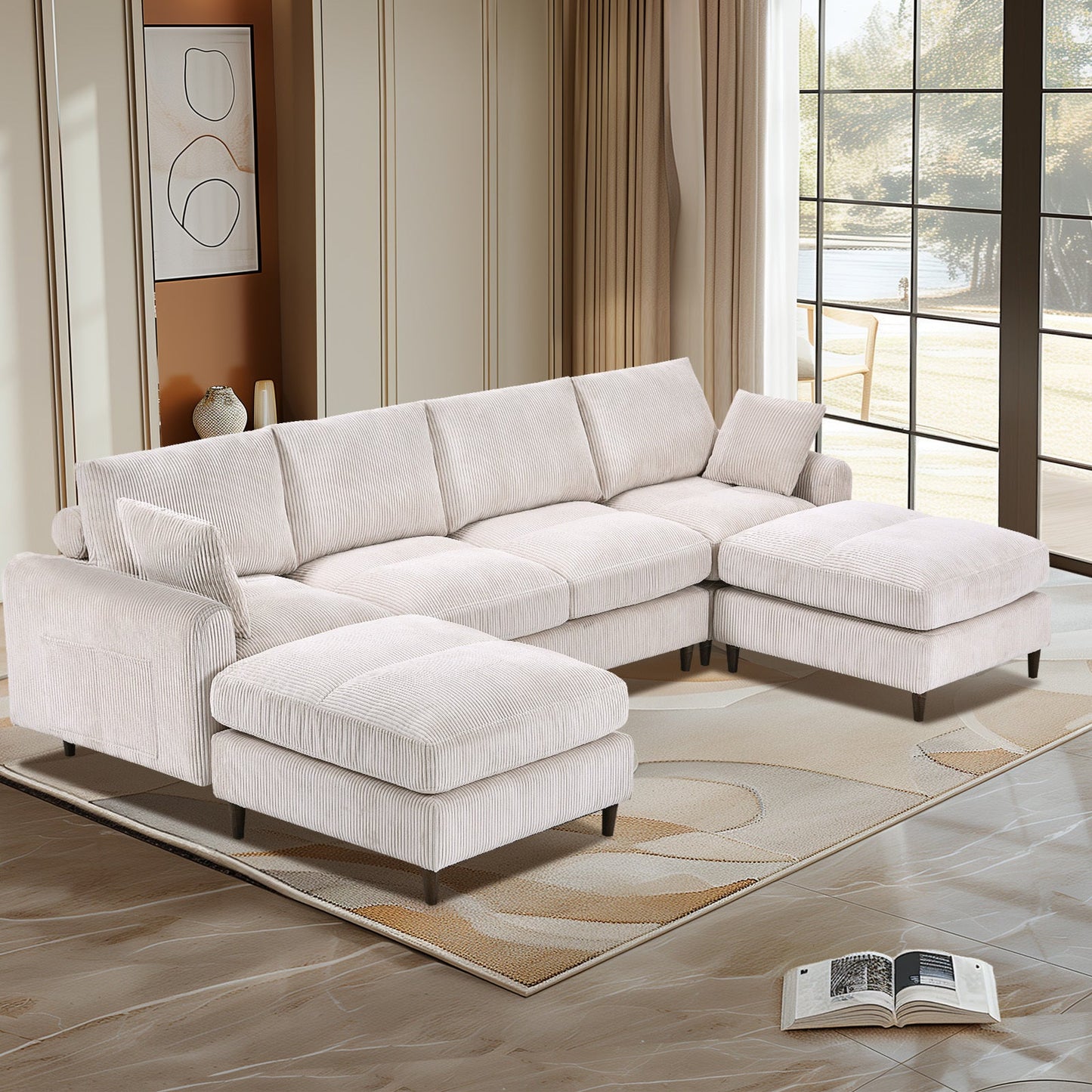 NEW Modern White Corduroy Modular Oversized U-shaped Convertible L-shaped Sectional Sofa Set with Pillow and Footstool