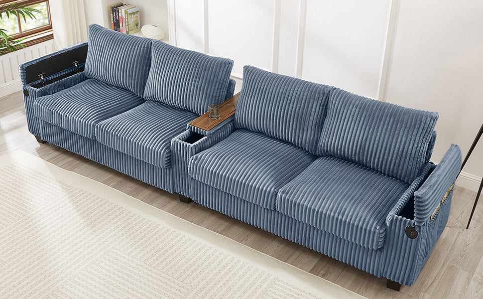 NEW Modern 4-Seater Corduroy Sofa Couch with USB Ports, Hidden Storage, Flip-Top Cup Holders, Blue, 133'