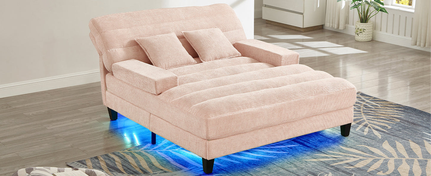 NEW Modern Pink Chenille Upholstered 57.1’ Chaise Lounge Sofa Bed with Adjustable Backrest and LED Light Strip