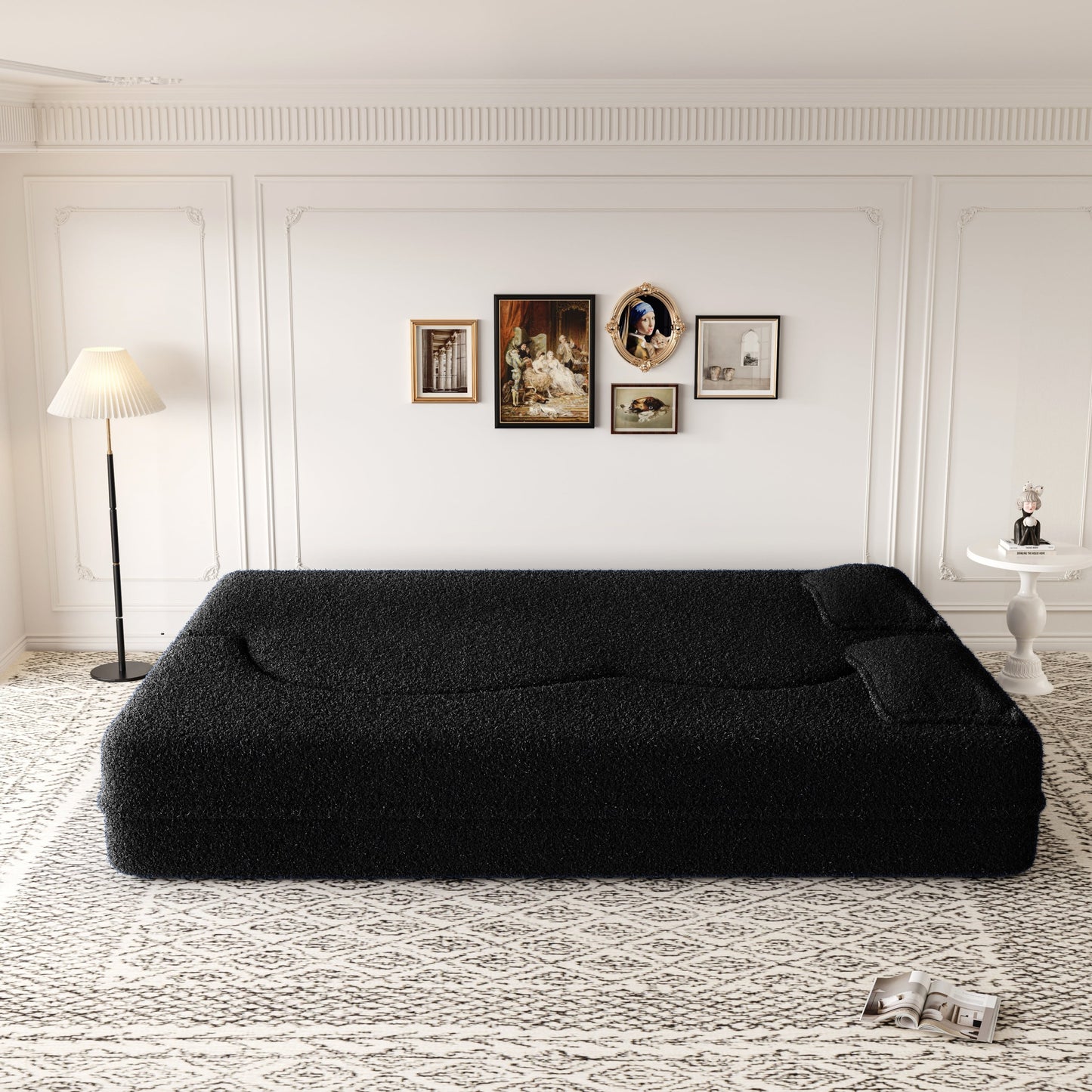 NEW Modern Floor Sofa with 2 Pillows,Convertible Teddy Fabric Foam Filled Sleeper Sofa Bed,15 ' Full Size Folding Mattress for Living Room,Guest Bed,Playroom,No Assembly Required,Black