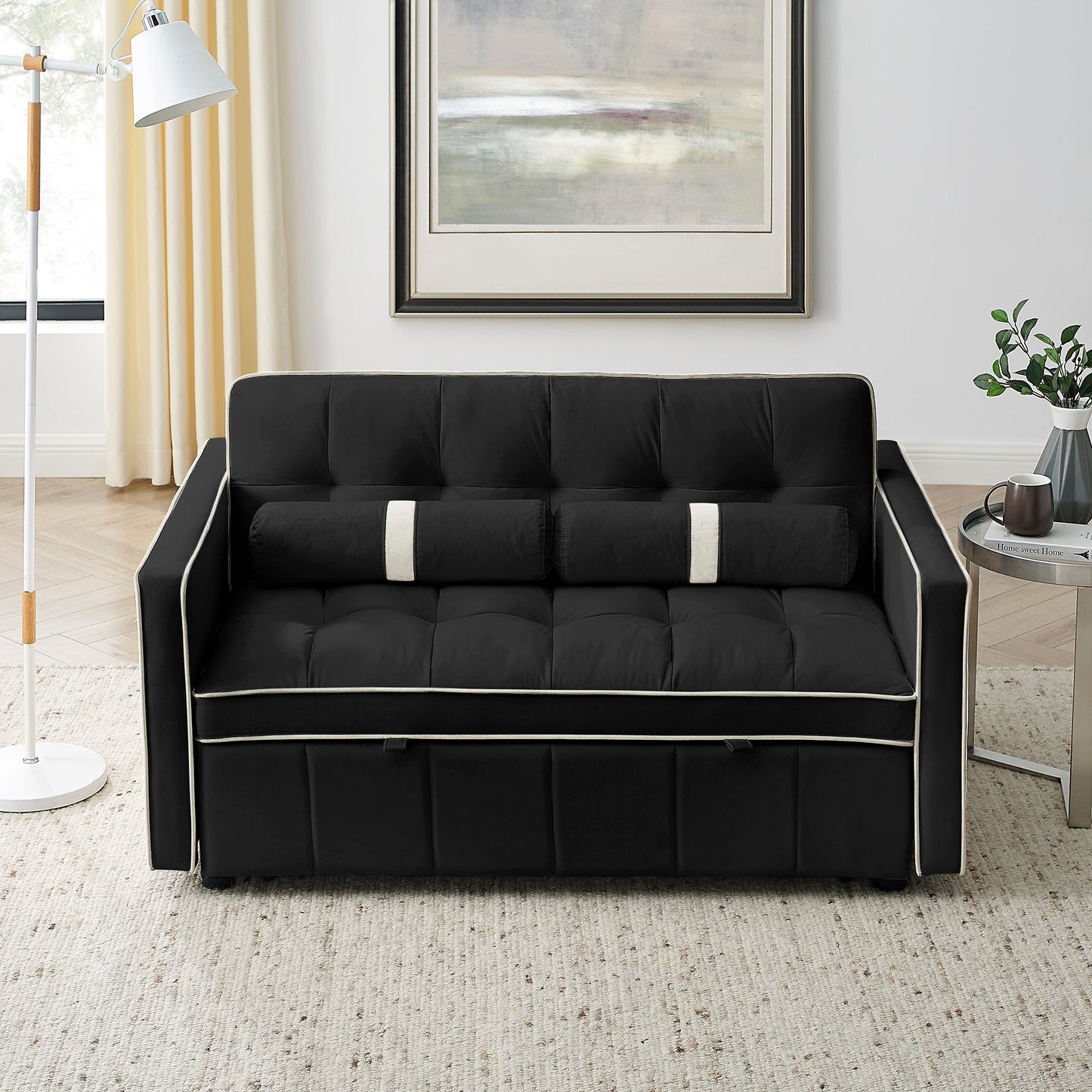 NEW Modern 55.5' Pull Out Sleep Sofa Bed 2 Seater Loveseat Sofa Couch with Side Pockets Adjustable Backrest and Lumbar Pillows