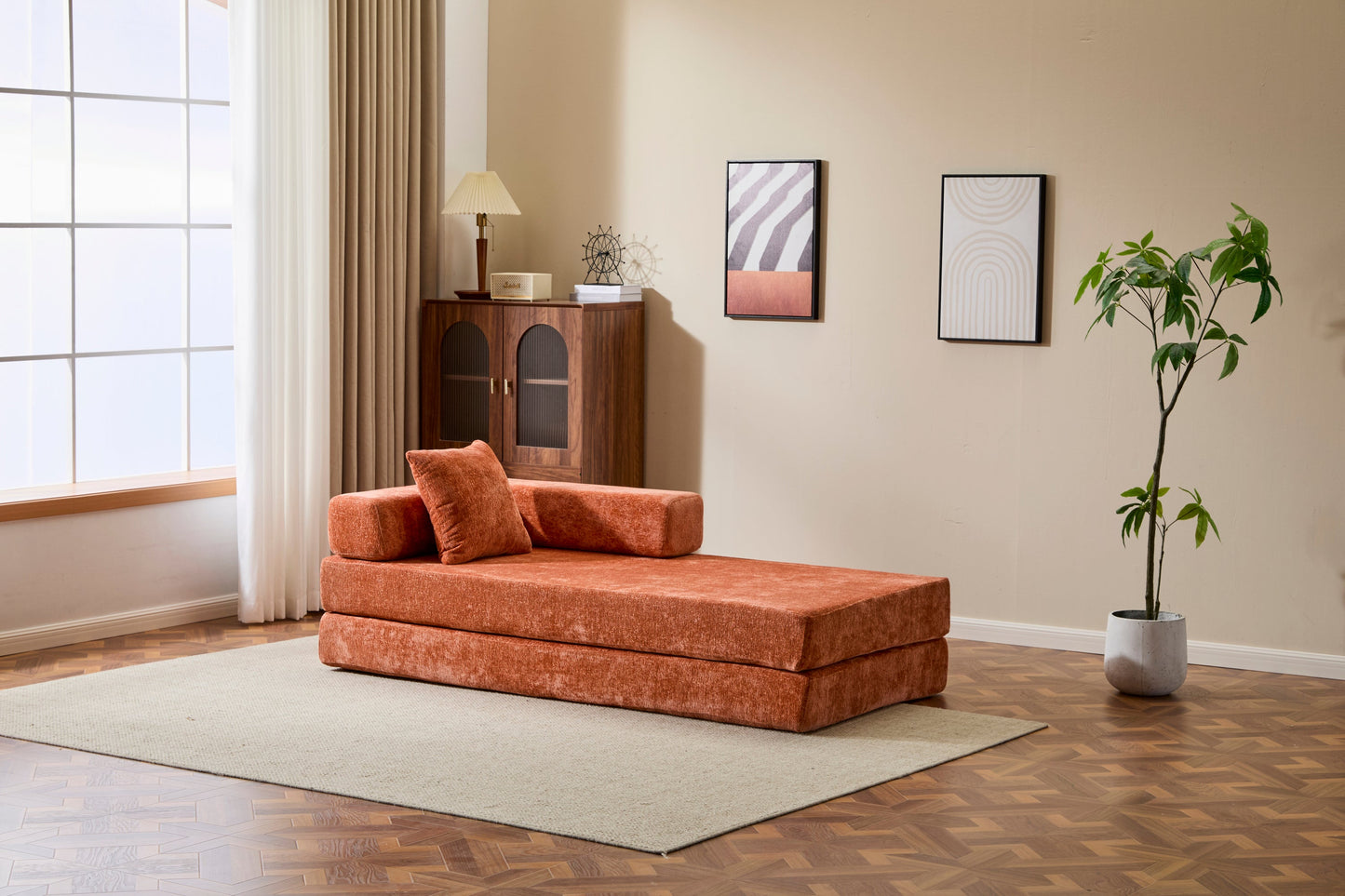 NEW Orange Chenille Fabric Comfy Futon Couch Lounge Sleeper Compression Convertible Floor Sofa Bed Couch with Pillow Back Support Armrest Bed