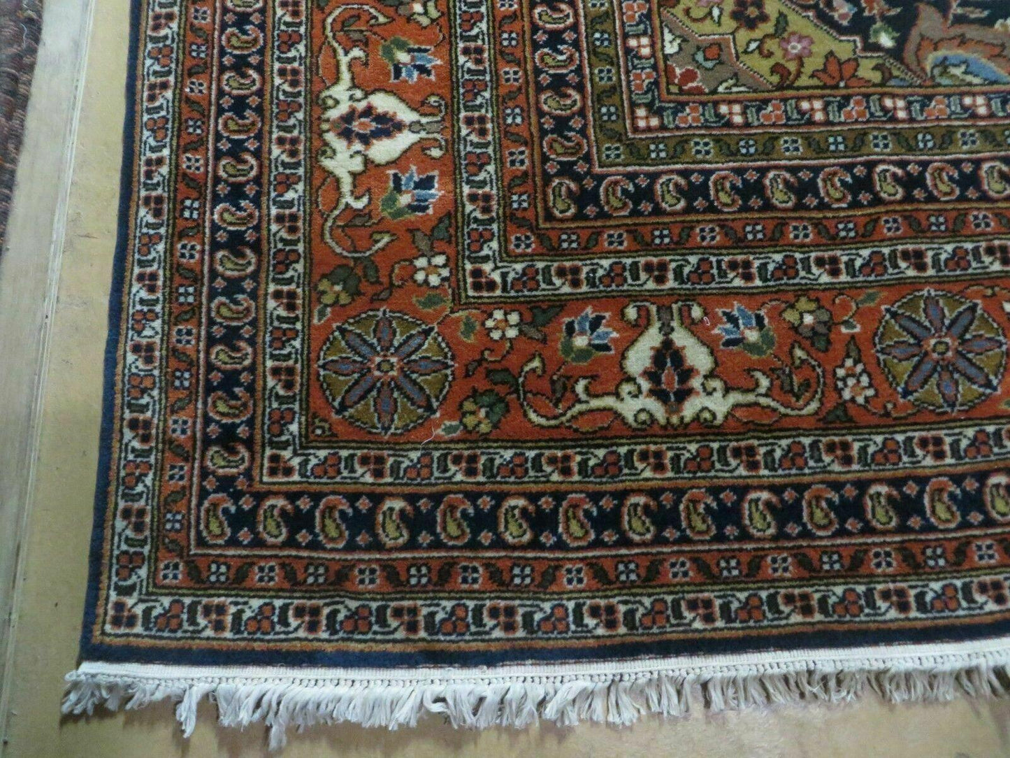 USED Indo Persian Rug 9x12, Semi Open Field Medallion, Ivory Tomato Red Navy Blue, Hand Knotted Indian Oriental Wool Carpet 9 x 12 ft, Room Sized