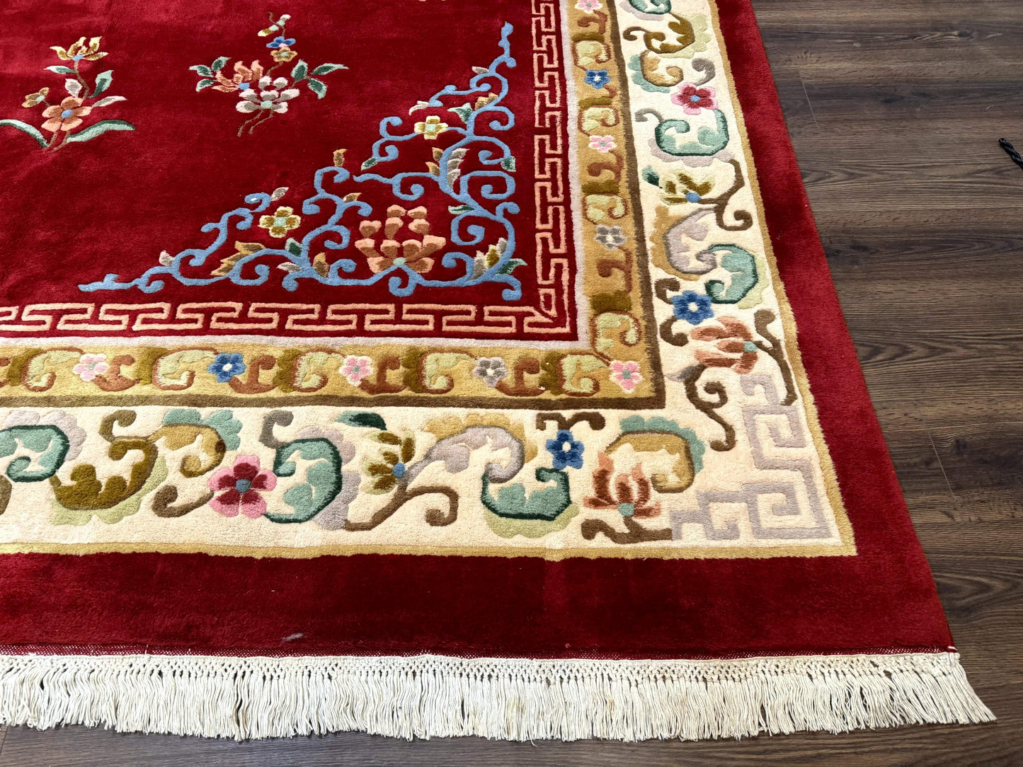 USED Indo Chinese Wool Rug 9x12, Red Art Deco Carpet, Vintage