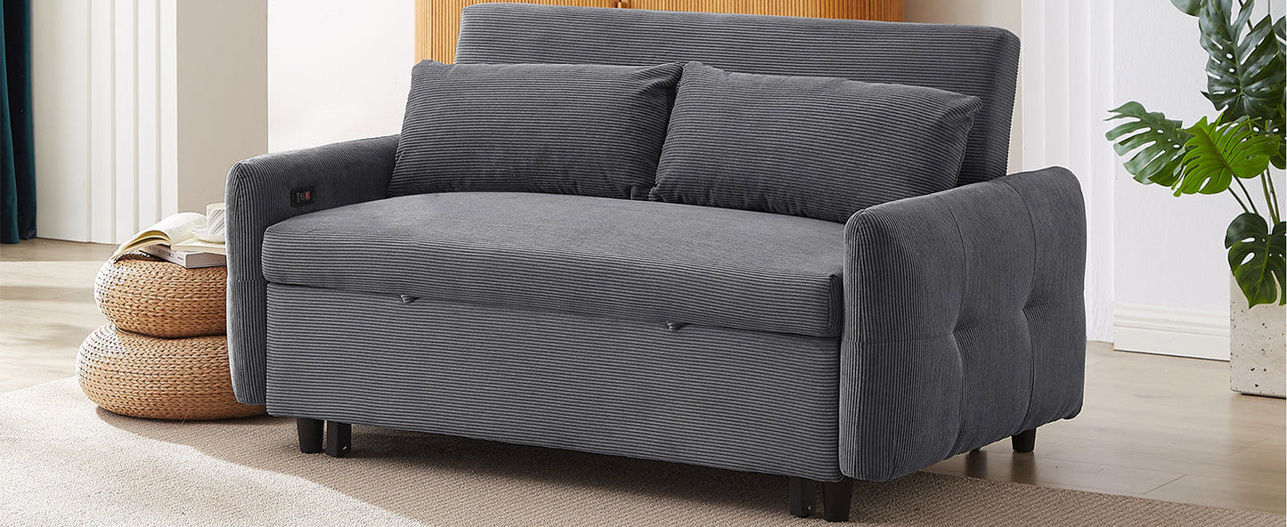 NEW 54.5’ Dark Grey Corduroy Modern Convertible Pull-out Sofa Bed