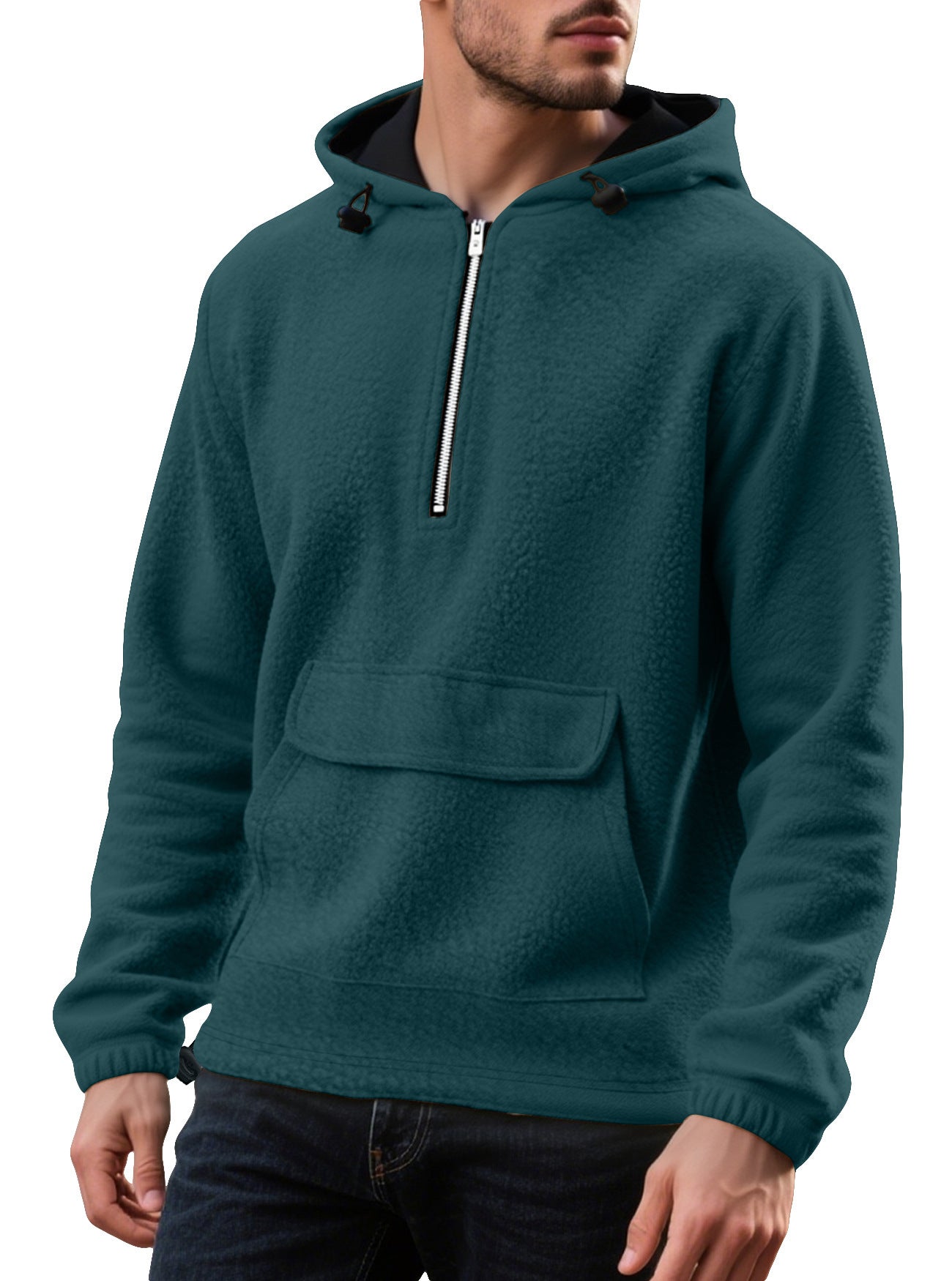 New Padded Fleece Sweater Solid Color Half Zip Hooded Work Clothes Pullover