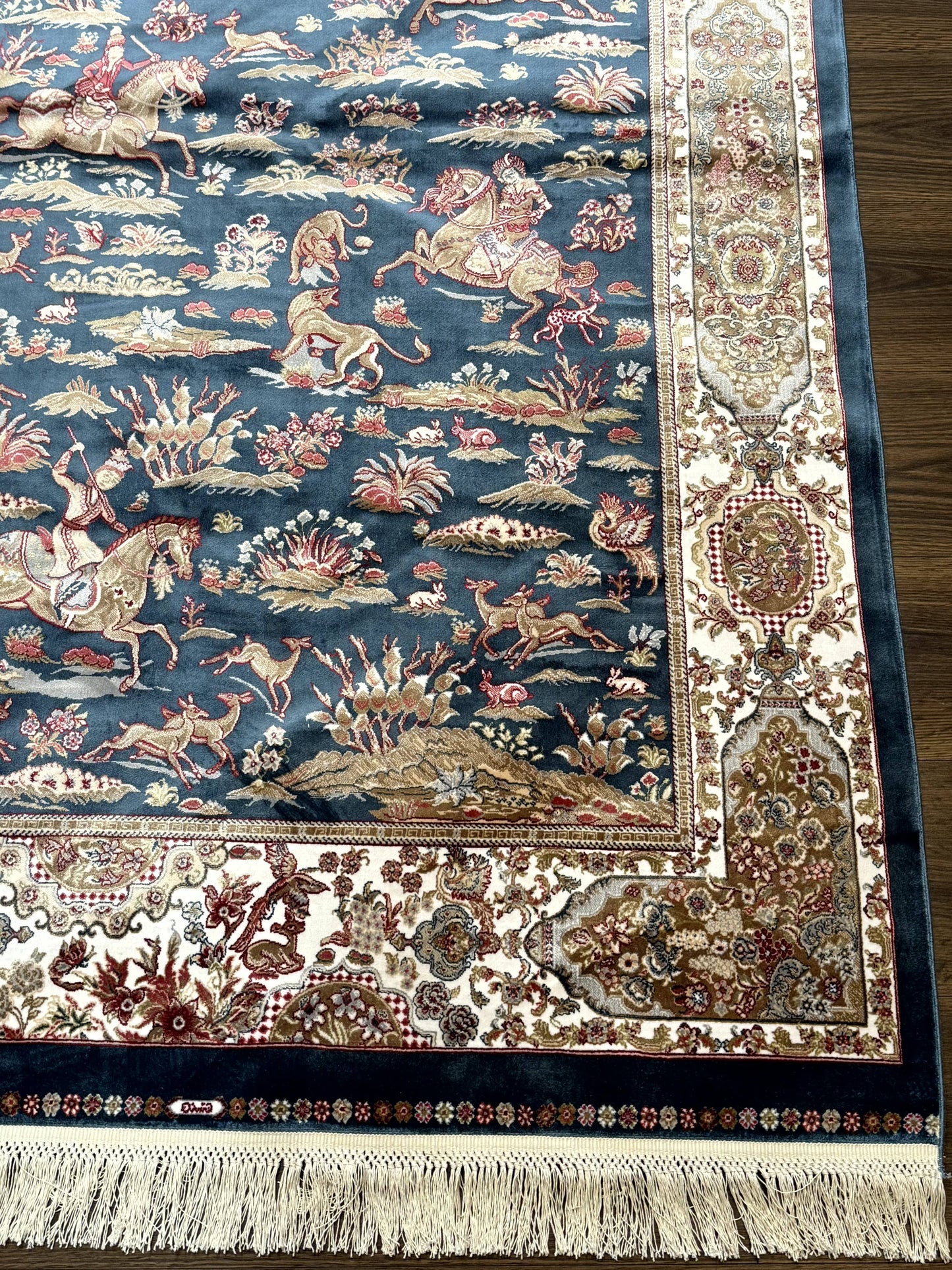 NEW Turkish Silk Hunting Design Rug 4x6, Dark Steel Blue & Ivory, Bamboo Silk