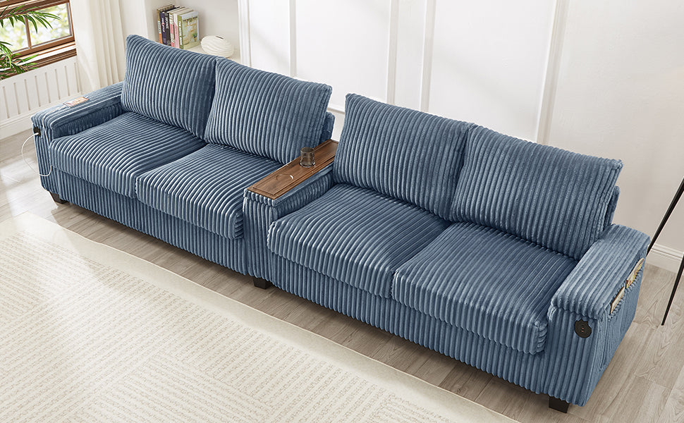 NEW Modern 4-Seater Corduroy Sofa Couch with USB Ports, Hidden Storage, Flip-Top Cup Holders, Blue, 133'