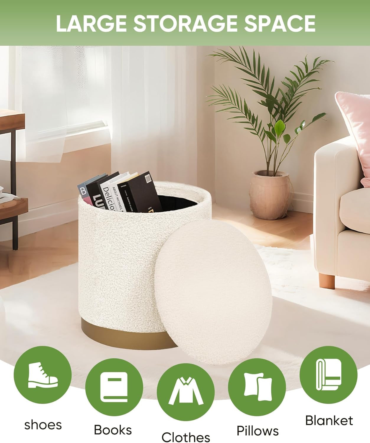 NEW Round White Storage Space Ottoman Gold Plated Base Frame
