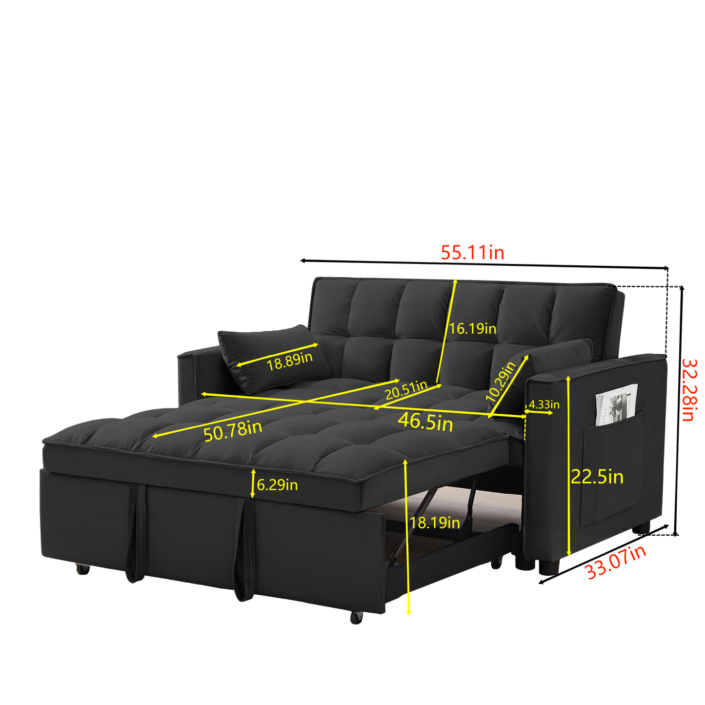 NEW Modern Velvet Convertible Loveseat Futon Sofa with Pullout Bed, Reclining Backrest, Black