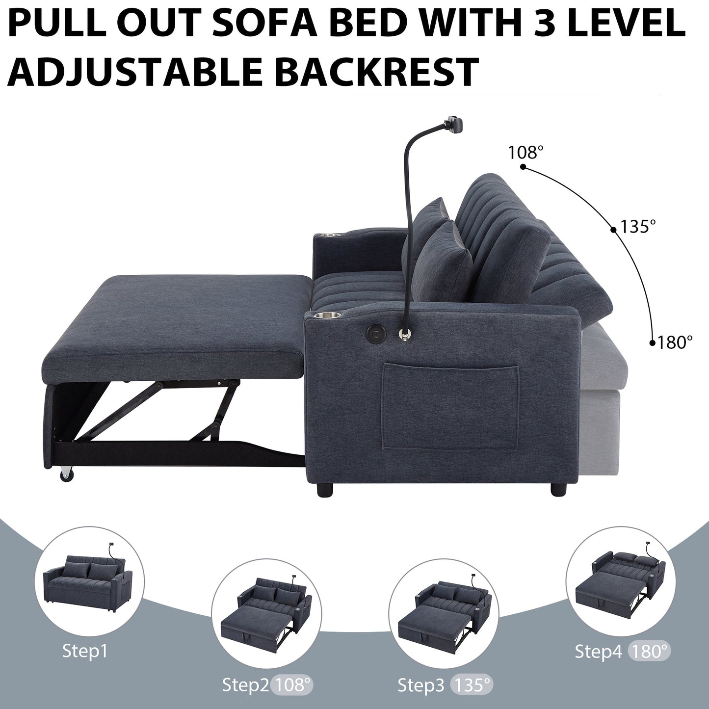 NEW Convertible Sofa Bed Loveseat with USB Ports, Side Pockets, Cup Holders, and Phone Holder in Blue Grey Bella Fabric, 55.9'