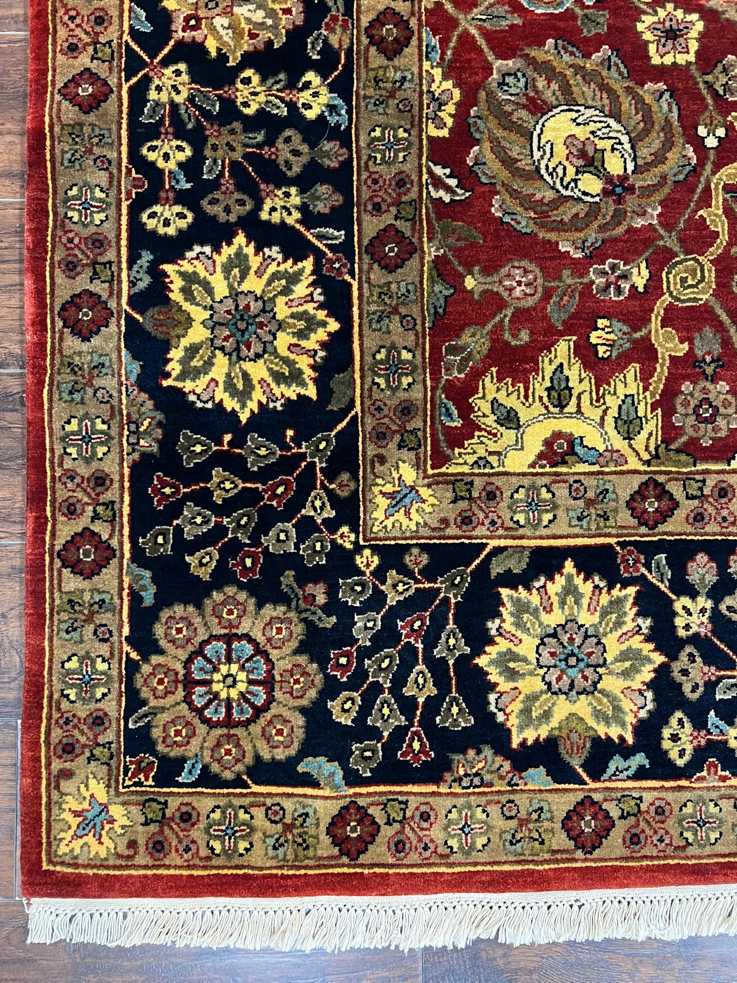 USED Indo Persian Rug 9x12, Hand Knotted Traditional Indian Wool Oriental Carpet 9 x 12 ft, Maroon and Navy Blue, Floral Allover 9x12 Vintage Rug