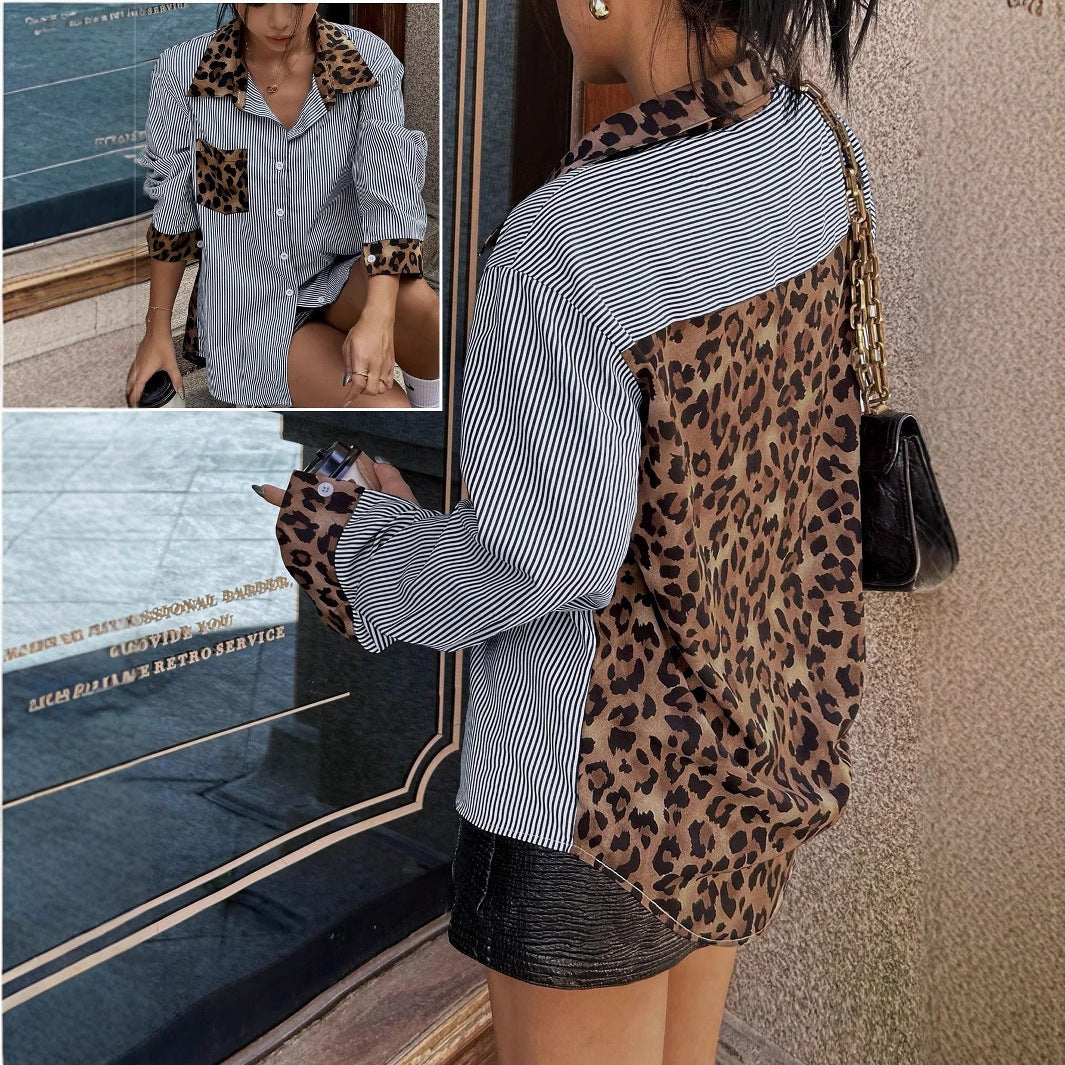 New INS Leopard Striped Patchwork Shirt Fashion Casual Long-sleeved Button Lapel Top Women's Clothing