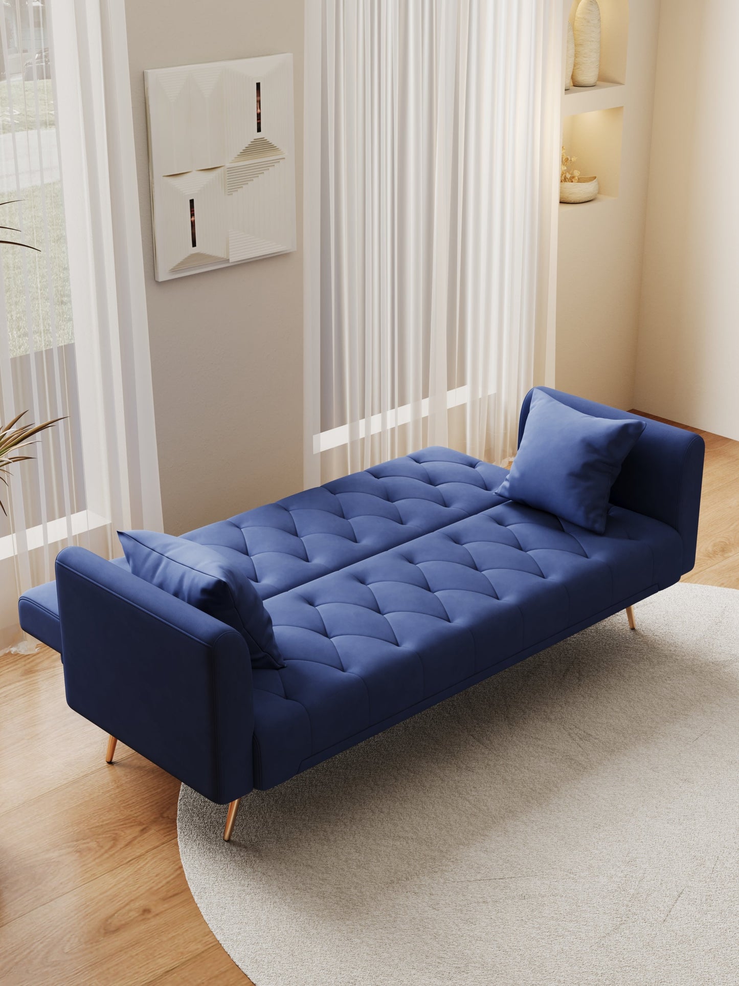 NEW 71-inch convertible love seat sofa, American retro blue velvet material, suitable for small living room, bedroom, office