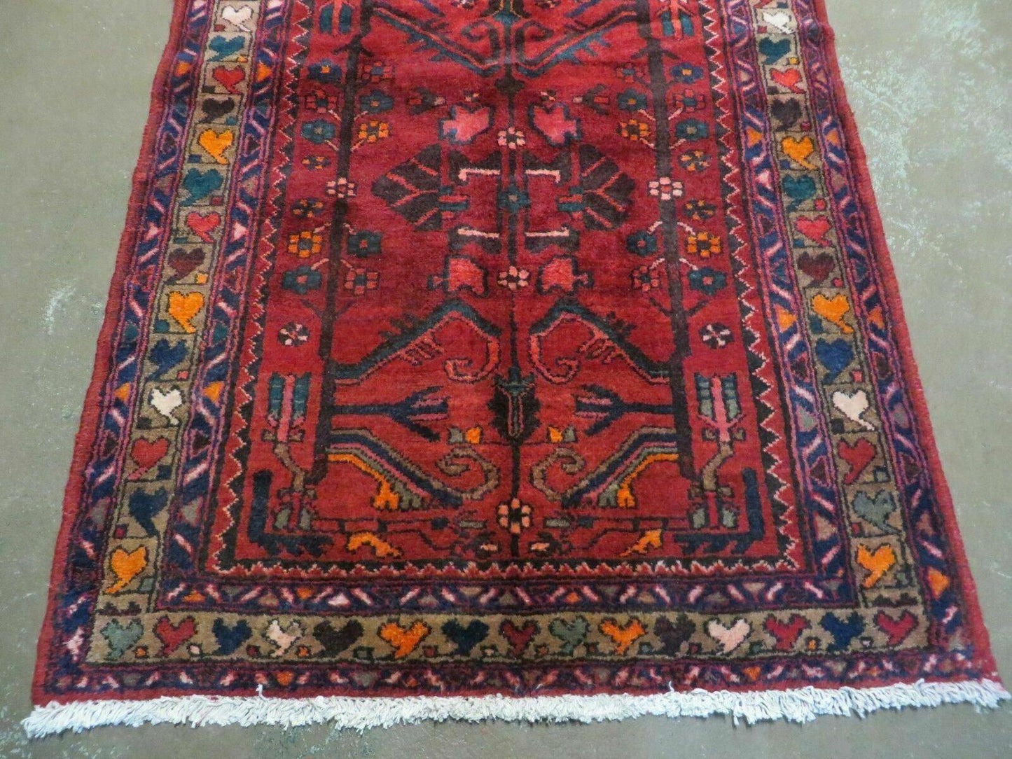 USED Antique Persian Hamadan Runner 3.4 x 9.7 -  Wool, Red and Navy Blue