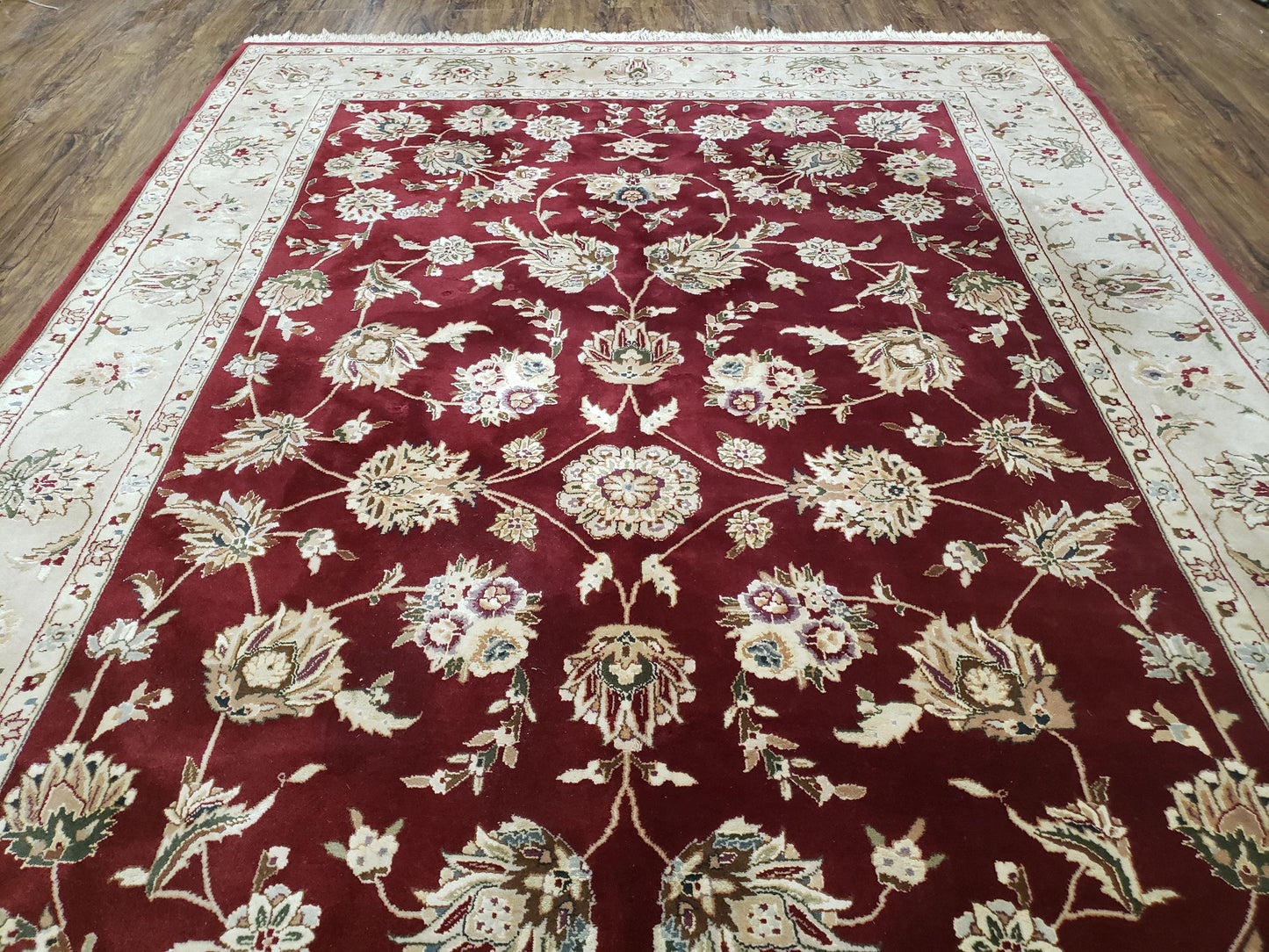 USED Vintage Traditional Oriental Area Rug, Hand-Knotted, Wool & Silk Accents, Maroon Red and Beige, 6x9 Carpet, 5' 9" x 9'