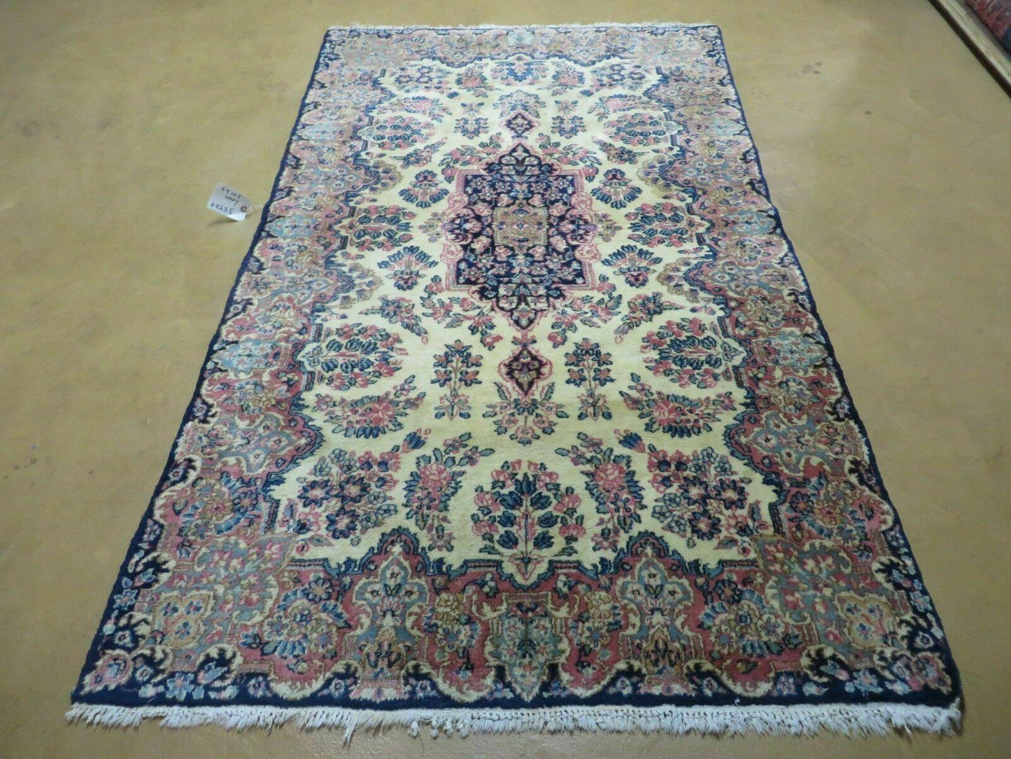 USED Antique Persian Kirman Rug 3.9 x 6.6, Floral Oriental Carpet, Ivory/Cream - Blue - Pink, Hand Knotted Wool Rug, Floral Medallion Rug 4x6