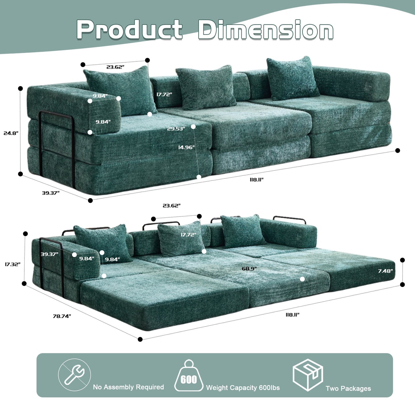 NEW Dark Green Chenille Fabric Compression Convertible Floor Sofa Bed