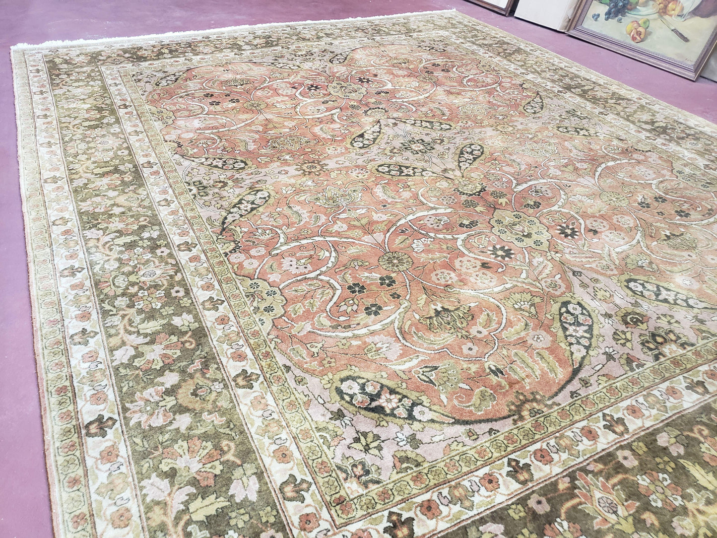 USED Indo Persian Rug 8x10, Vintage Indian Rug 8 x 10, Fine Hand-Knotted Wool Rug, Rose Clay Red Beige Brown Handmade Area Rug, Floral Medallion
