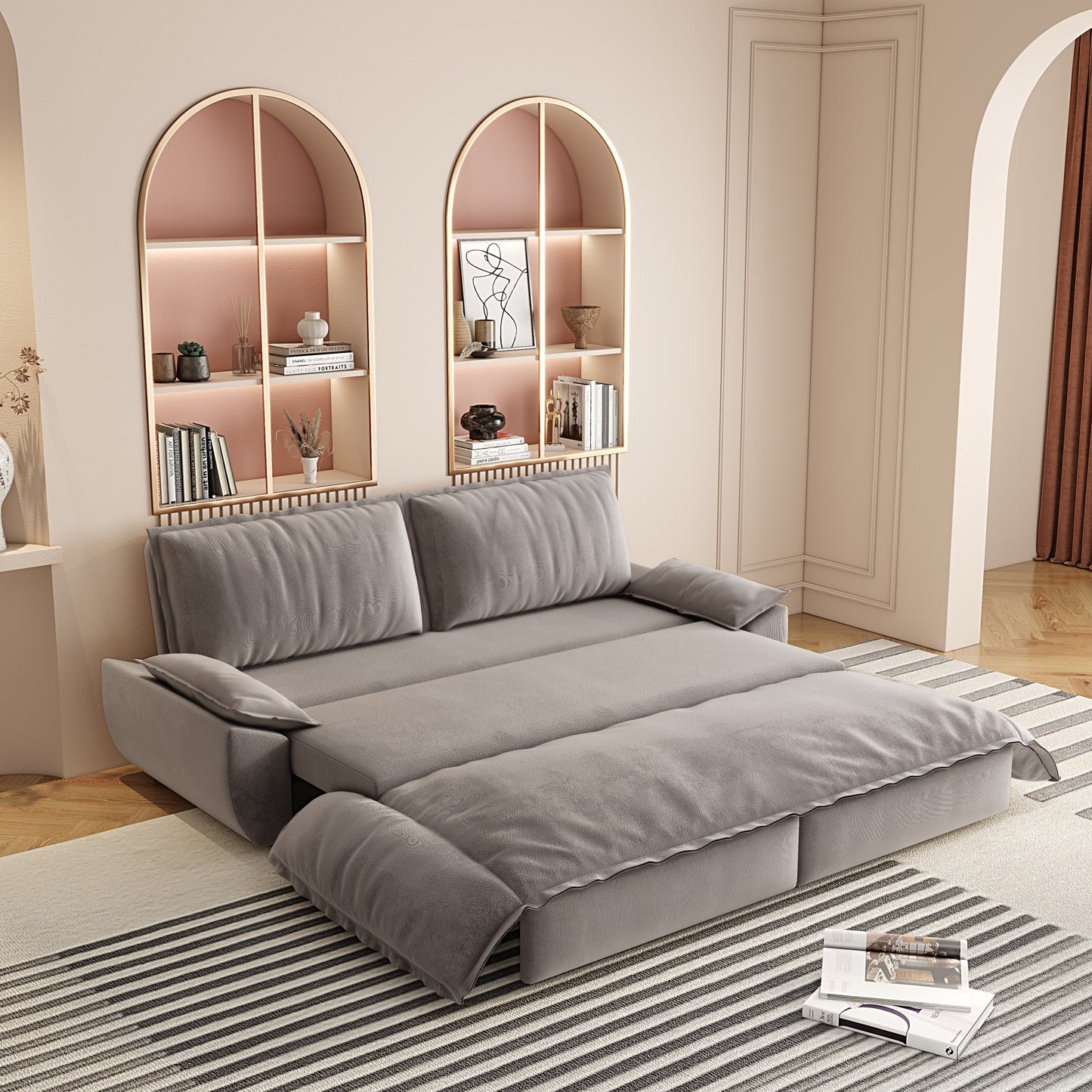 NEW Grey 73.2' Queen Pull Out Sofa Bed 3-in-1 Convertible Sleeper Sofa Multi-Functional Velvet Loveseat Bed