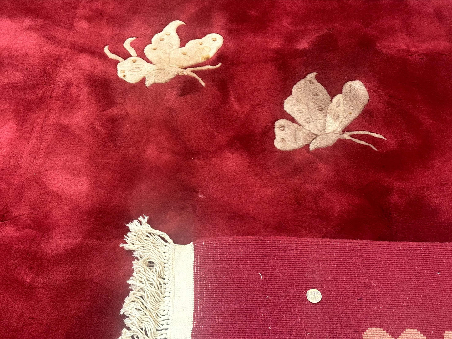 USED Palace Size Chinese Wool Rug 12x18, Red Art Deco Chinese Carving Carpet, Butterflies Flowers