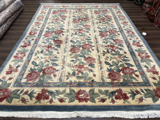 USED Chinese Wool Rug 8x11, Vintage 1960s Carpet, Cream and Teal, Floral Garden Panel, 8 x 11 ft Area Rug, Soft Handmade Room Sized 120 Line Rug