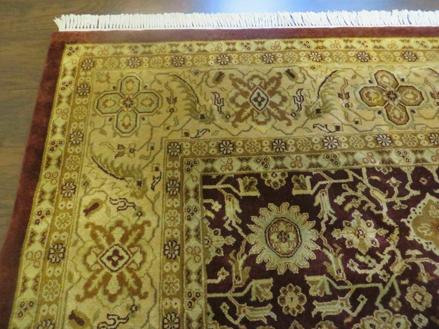USED Indian Agra Rug 10x14 Vintage Handmade Larastan Wool Carpet Maroon Floral