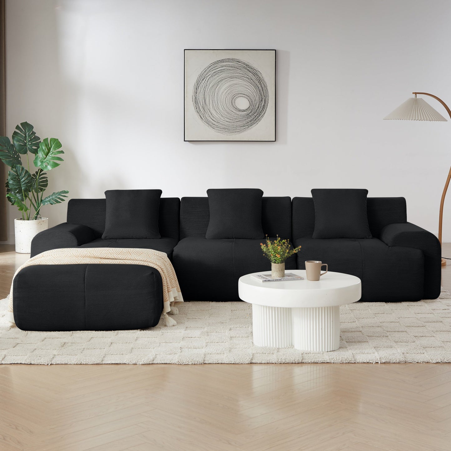 NEW Modern L-Shaped Modular Sectional Sofa in Black Corduroy 113' Oversized 3-Seater Couch with Deep Seat and Movable Ottoman