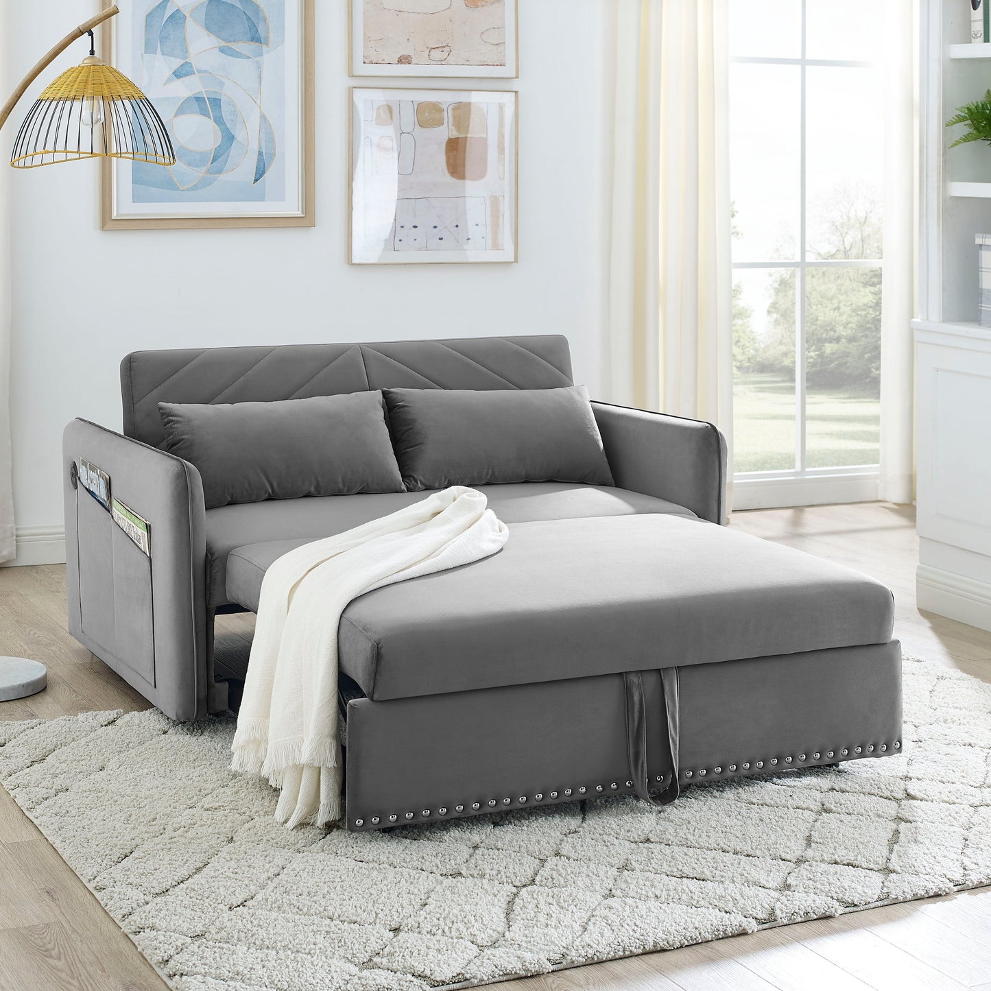 NEW MH' Sleeper Sofa Bed w/USB Port 3-in-1 Adjustable Sleeper with Pull-Out Bed 2 Lumbar Pillows