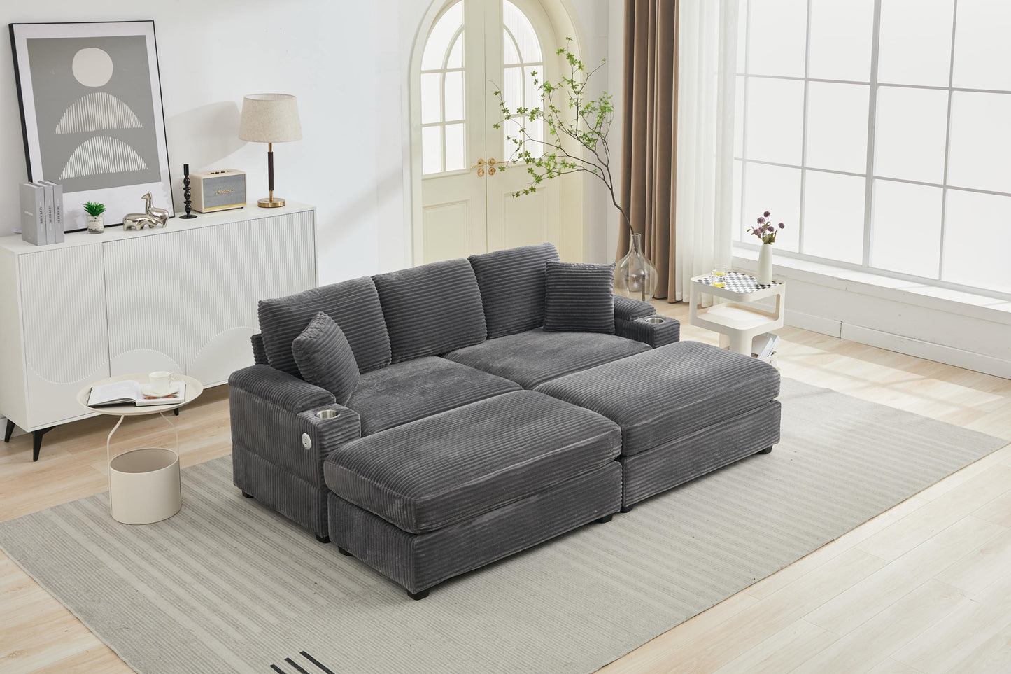 NEW Combination Modular Convertible Sectional Sofa Bed Set with Armrest Storage Stainless Steel Cup Holder USB