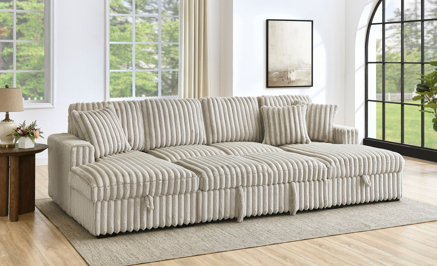 NEW 122 inch Rabbit Khaki Plush Corduroy Fabric Oversized U Shaped Sleeper Sofa 2 in 1 Pull Out Bed Sectional Sleeper Couch with Double Storage Chaise