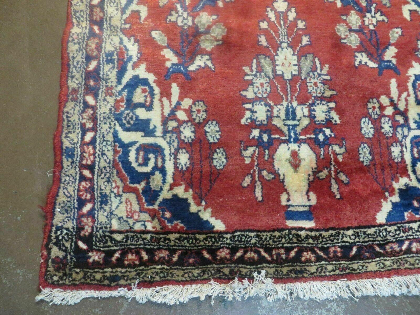 USED Persian Runner Rug 3 x 12, Antique Wool Oriental Runner, Floral Vases, Red & Navy Blue