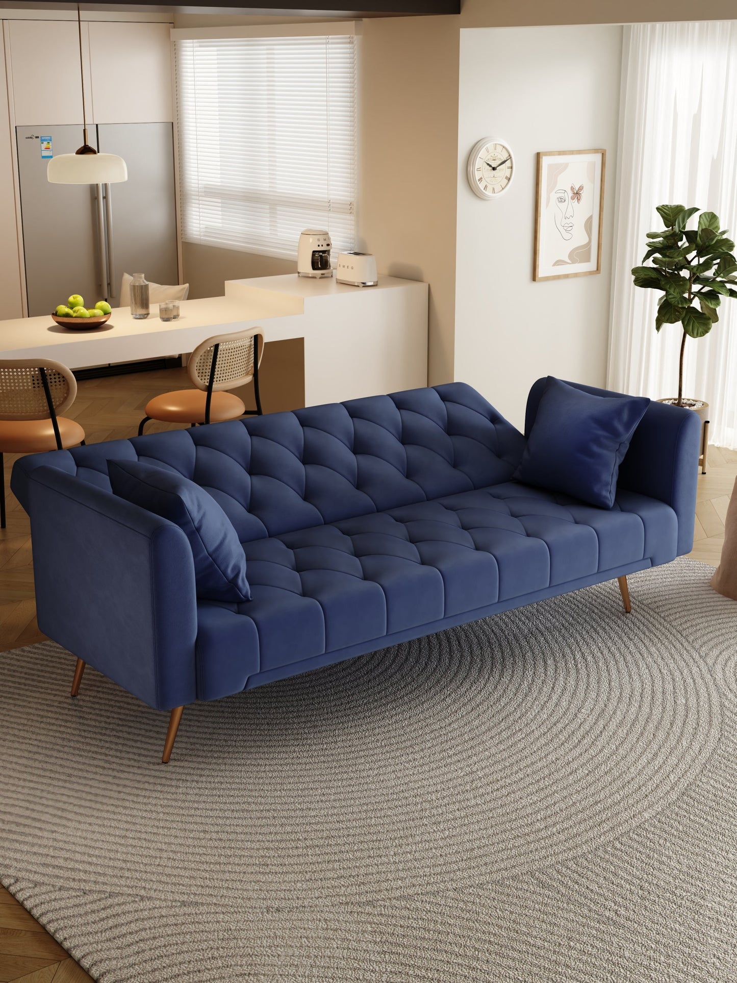 NEW 71-inch convertible love seat sofa, American retro blue velvet material, suitable for small living room, bedroom, office