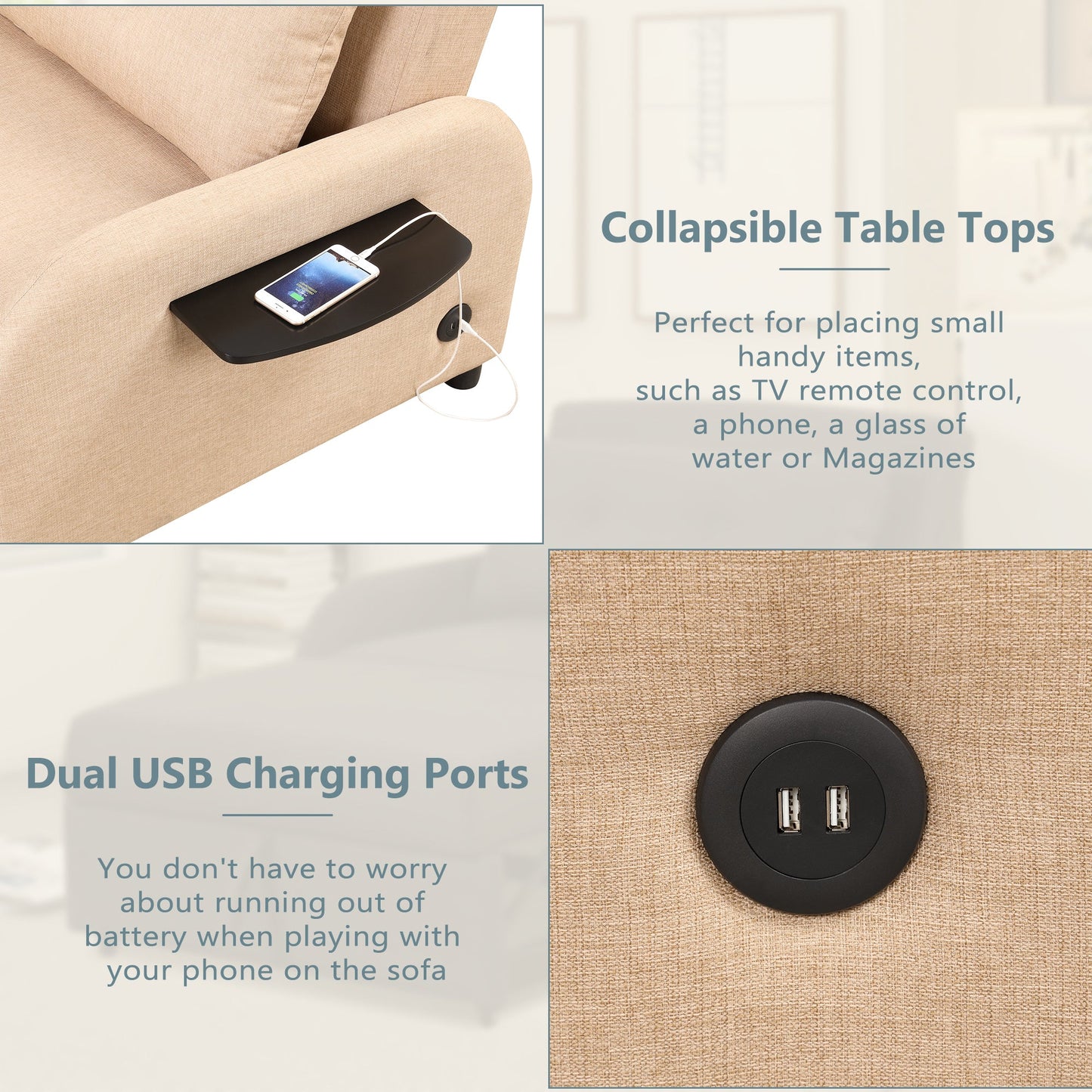 NEW Versatile Pull Out Sofa Sleeper 3 in 1 with Wing Table & USB Charge, Beige Linen, Compact Design