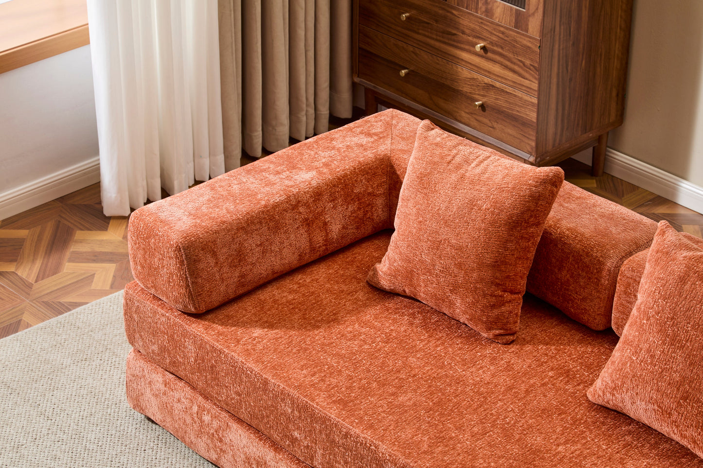 NEW Orange Chenille Fabric Comfy Futon Couch Lounge Sleeper Compression Convertible Floor Sofa Bed Couch with Pillow Back Support Armrest Bed