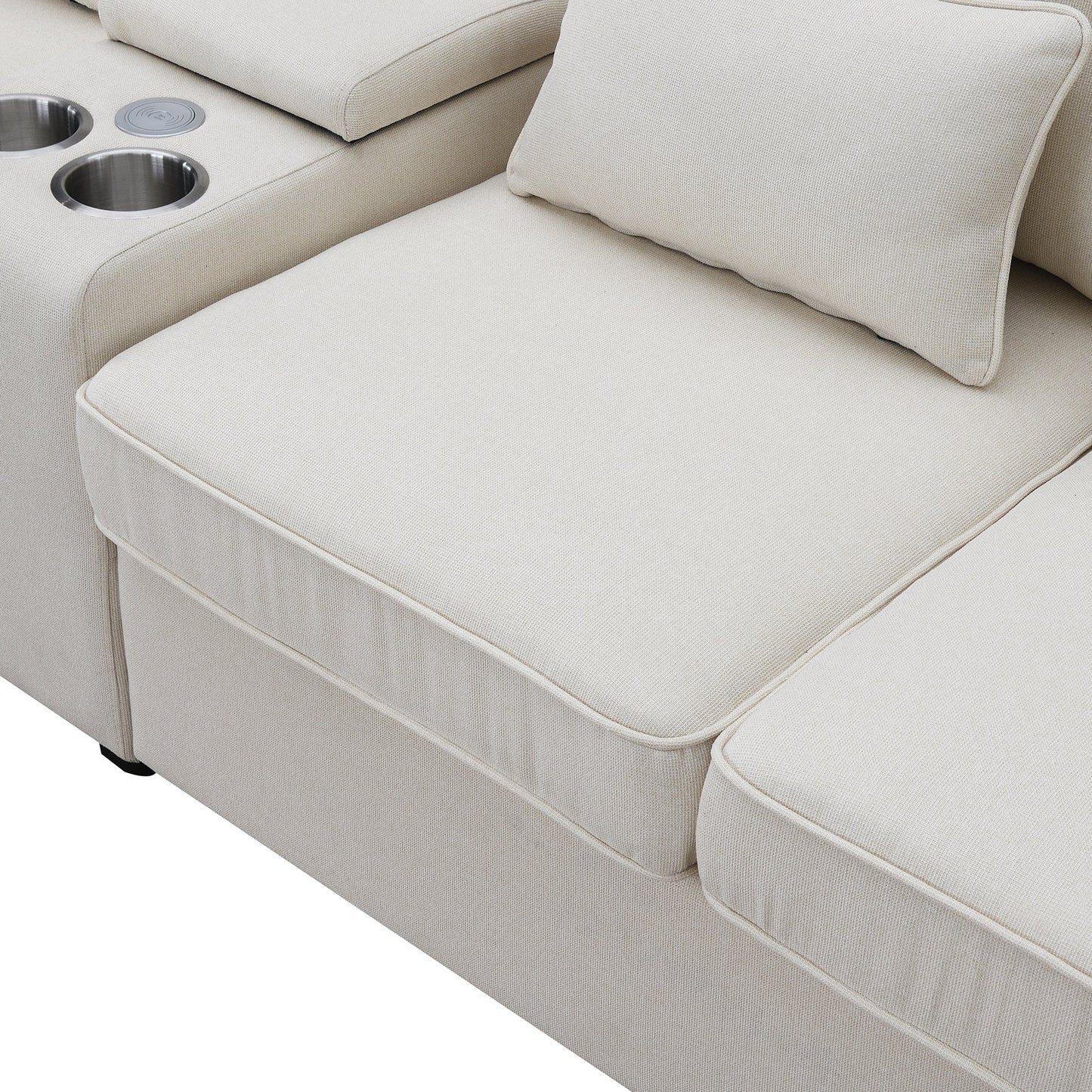 NEW Modern Linen Fabric Upholstered Sofa Couch with Console 2 Cupholders 2 USB Ports Wired or Wirelessly Charged 4 Pillows