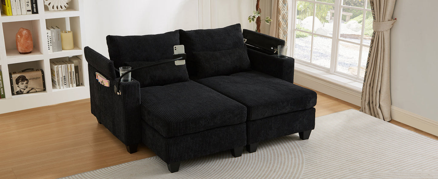 NEW Convertible Chaise Lounge 63' Loveseat Sofa Bed with USB Ports, Cup Holders, Phone Holder & Storage, Black Corduroy