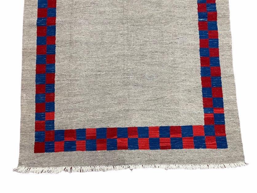 NEW 5' 7" x 7' 9" Geometric Kilim Carpet, Gray, Handmade, Hand-Knotted Area Rug, Blue & Red, Flatweave, Wool, New, Checkerboard Pattern