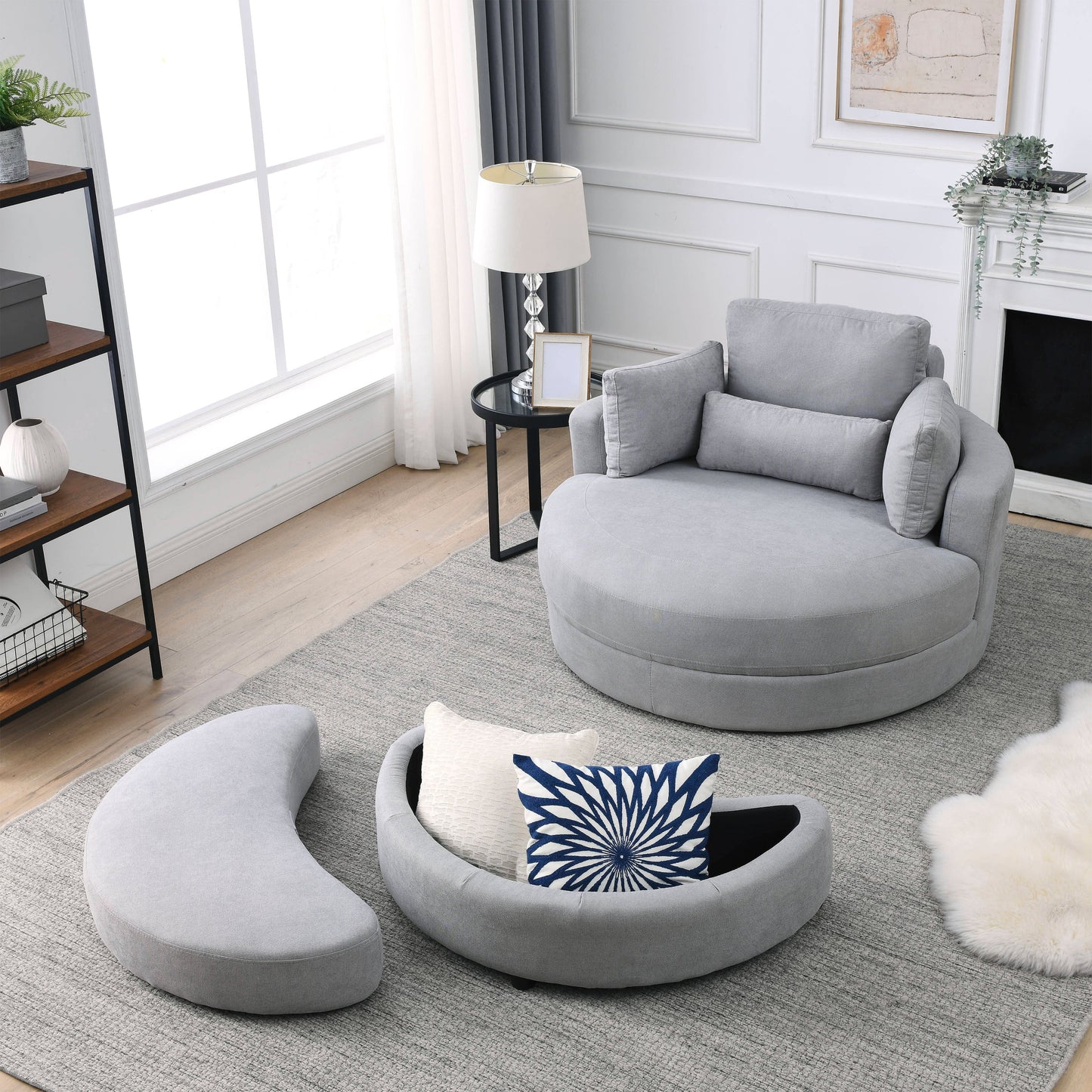 NEW We Like Swivel Accent Barrel Modern Grey Sofa Lounge Club Big Round Chair with Storage Ottoman Linen Fabric with Pillows