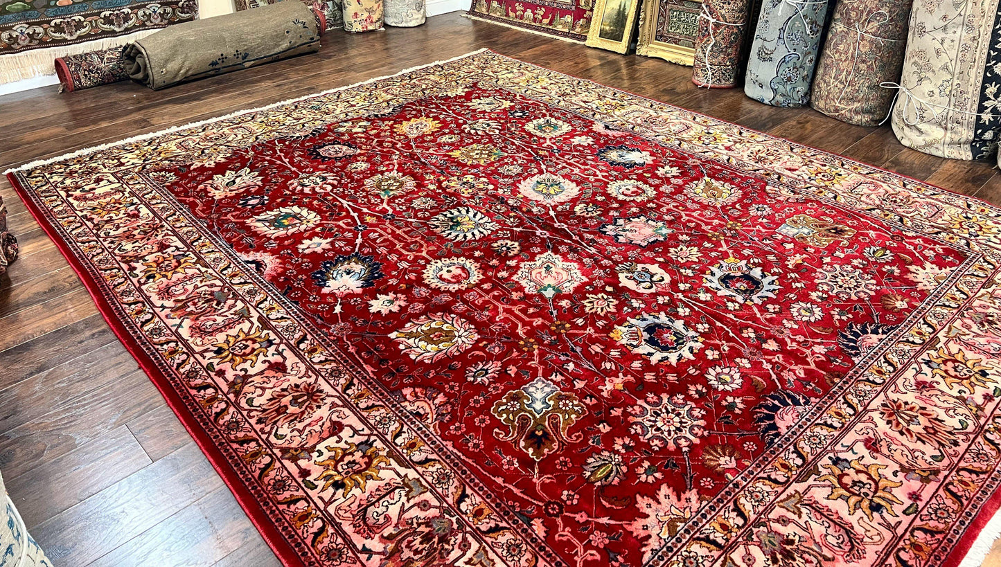 USED Persian Tabriz Rug 10x12, Floral Allover, Handmade Vintage Wool Carpet, Red and Cream