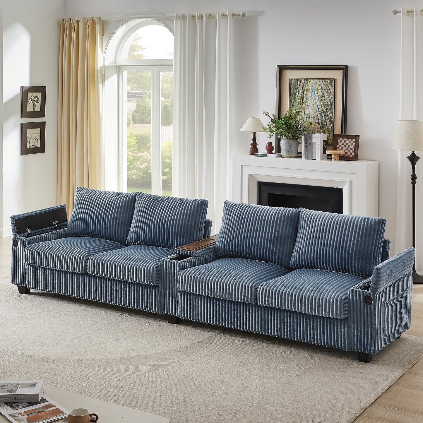 NEW Modern 4-Seater Corduroy Sofa Couch with USB Ports, Hidden Storage, Flip-Top Cup Holders, Blue, 133'