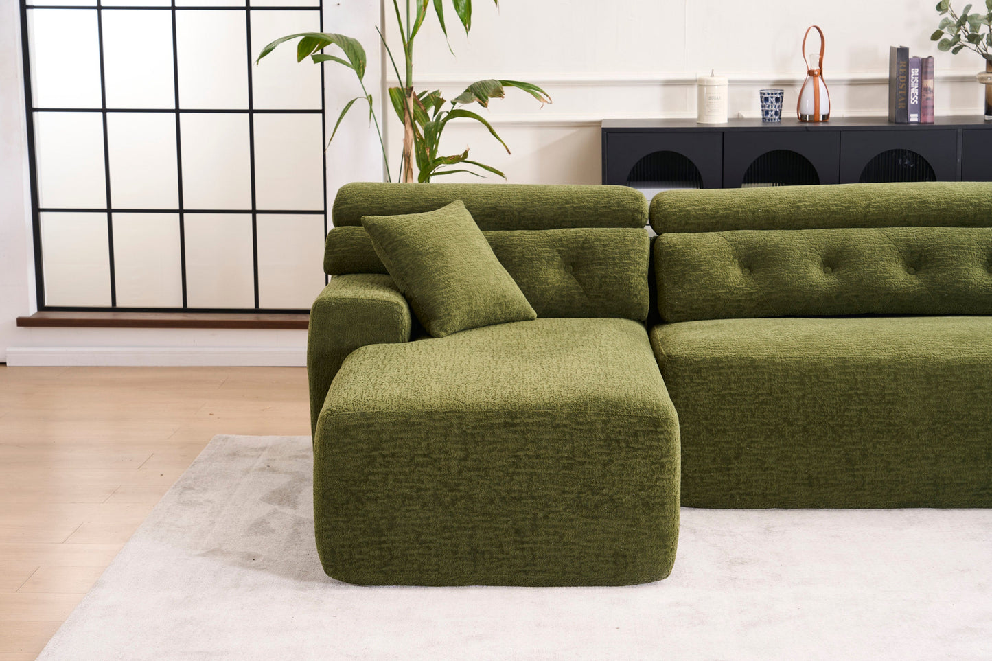 NEW 105' Modula Compression Sponge L-Shaped, Chesterfield-Inspired Design, No-Assembly Chenille Couch, 30D High-Density for Living Room, Bedroom, Apartment.Green.