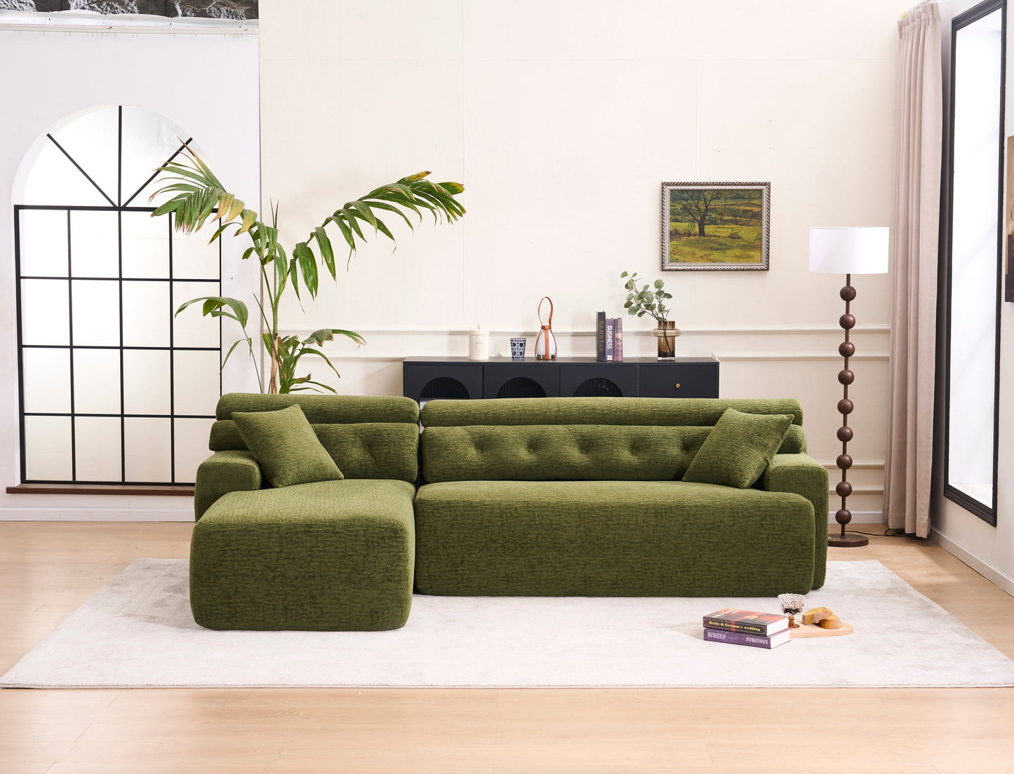 NEW 105' Modula Compression Sponge L-Shaped, Chesterfield-Inspired Design, No-Assembly Chenille Couch, 30D High-Density for Living Room, Bedroom, Apartment.Green.